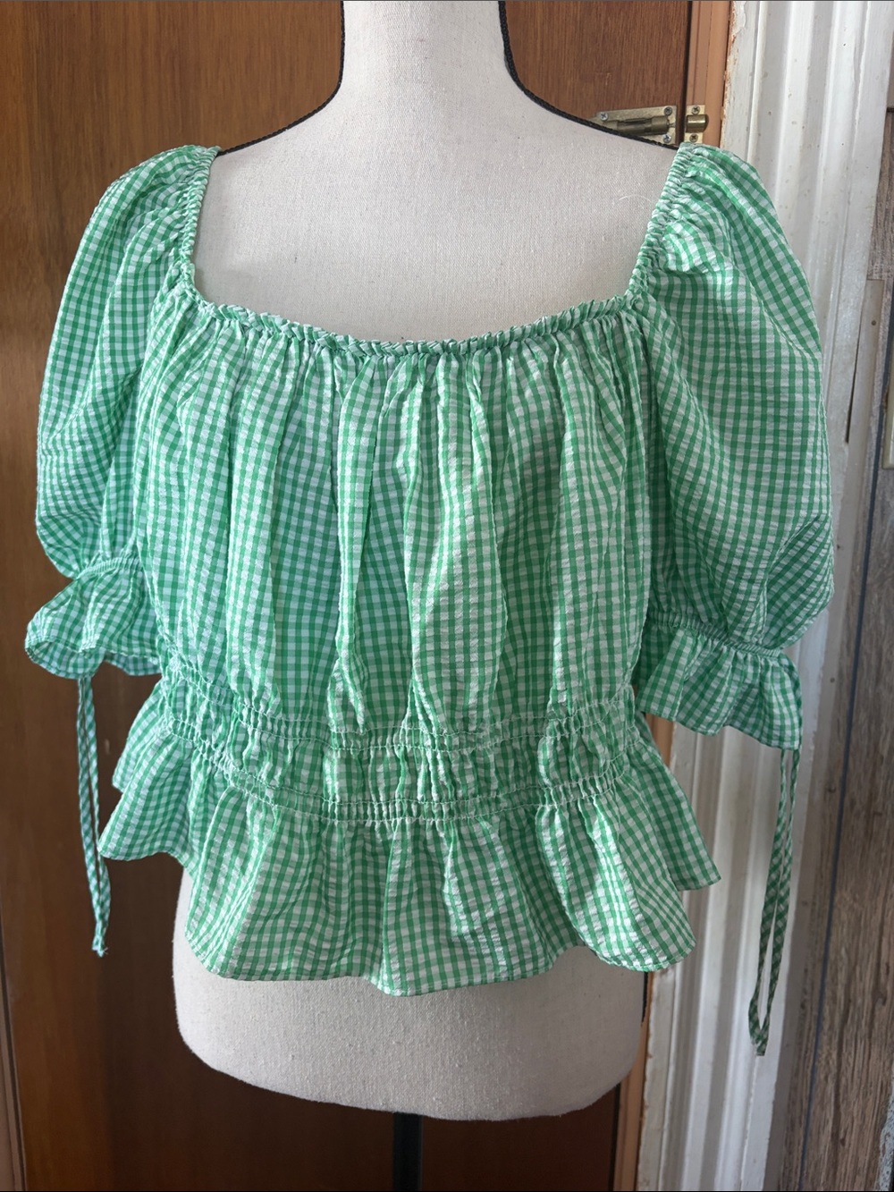 Smocked Gingham Peasant Blouse in Mint Green